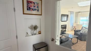 Smart TV, lareira, livros