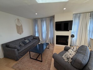 Smart TV, fireplace, books