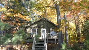 A cabin with a wooden deck and a staircase leading up to it, surrounded by trees and foliage.