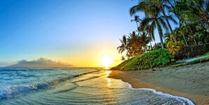 Una playa con atardecer, palmeras y mar tranquilo.