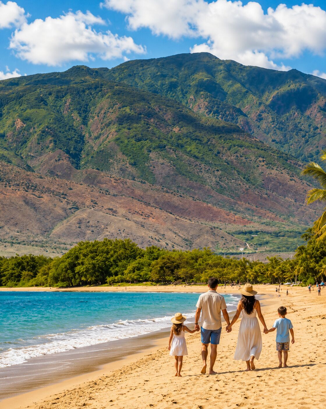 A family walking on a beach with mountains in the background.