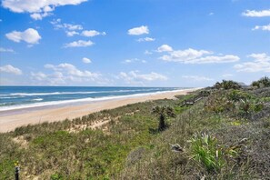 A coastal landscape with a beach, vegetation, and a wooden walkway. - Seaview Home, Oceanfront Deck & Beach Access (Ponte Vedra Beach)