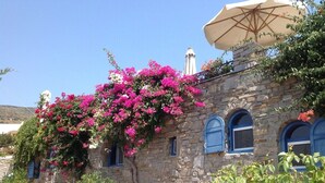A stone building with a stone staircase, a stone wall, and a window with a blue shutter. - Pure White Villa: 7 Bedrooms, 16 Guests, Sea View, Aspro Chorio Village


 (Egeo)