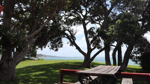 A wooden deck with a picnic table and benches, surrounded by large trees and overlooking a grassy area with a view of the water.