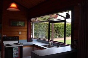 Uma cozinha com fogão, pia e grandes janelas com vista para um jardim.