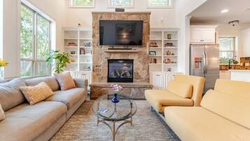 TV connectée, cheminée, jeux vidéo, lecteur de DVD