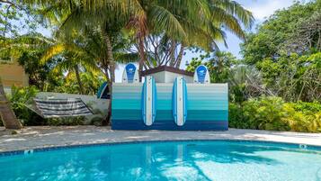 Outdoor pool, a heated pool, pool loungers