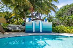 Outdoor pool, a heated pool, sun loungers