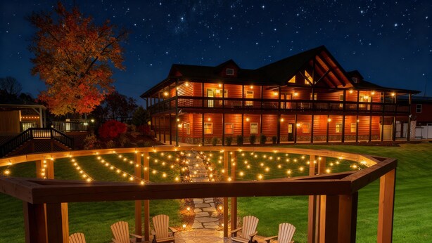 A large lodge with a covered patio area featuring outdoor seating and a fire pit.