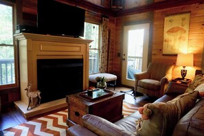 Smart TV, chimenea, reproductor de DVD, libros