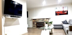 Flat-screen TV, fireplace, DVD player, books