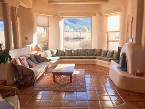 Smart TV, chimenea, reproductor de DVD y libros 