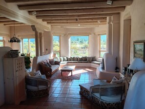 Smart TV, chimenea, reproductor de DVD y libros 