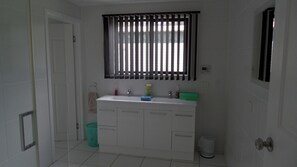 Chuveiro, secador de cabelo, toalhas de banho, sabonete