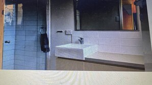 A modern bathroom with a large mirror, a sink, and a shower area.