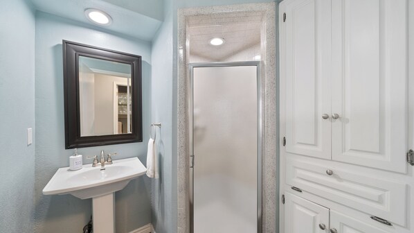 A bathroom with a white sink, a mirror, a shower, and a white door.