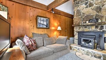 TV, fireplace, DVD player, books