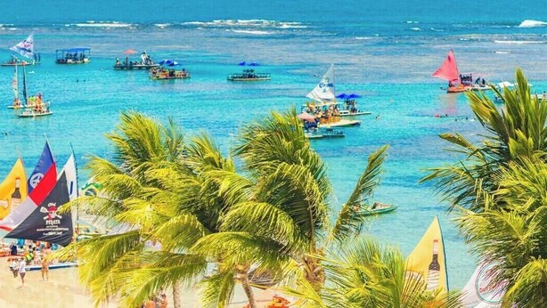 A beach with boats, palm trees, and a clear blue sea.