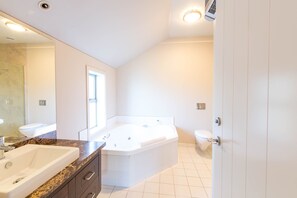 Shower, jetted bath, hair dryer, towels