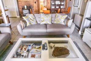 Smart TV, chimenea y libros 