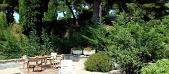 Élégante villa dans le coeur d'une oliveraie arbres de pin de cyprès surplombant la mer.