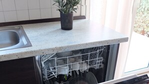 A kitchen with a dishwasher, a sink, and a potted plant on the countertop. - Quiet 500 m from Lozari beach (Palasca)