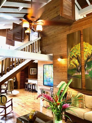 Smart TV, fireplace, DVD player, books