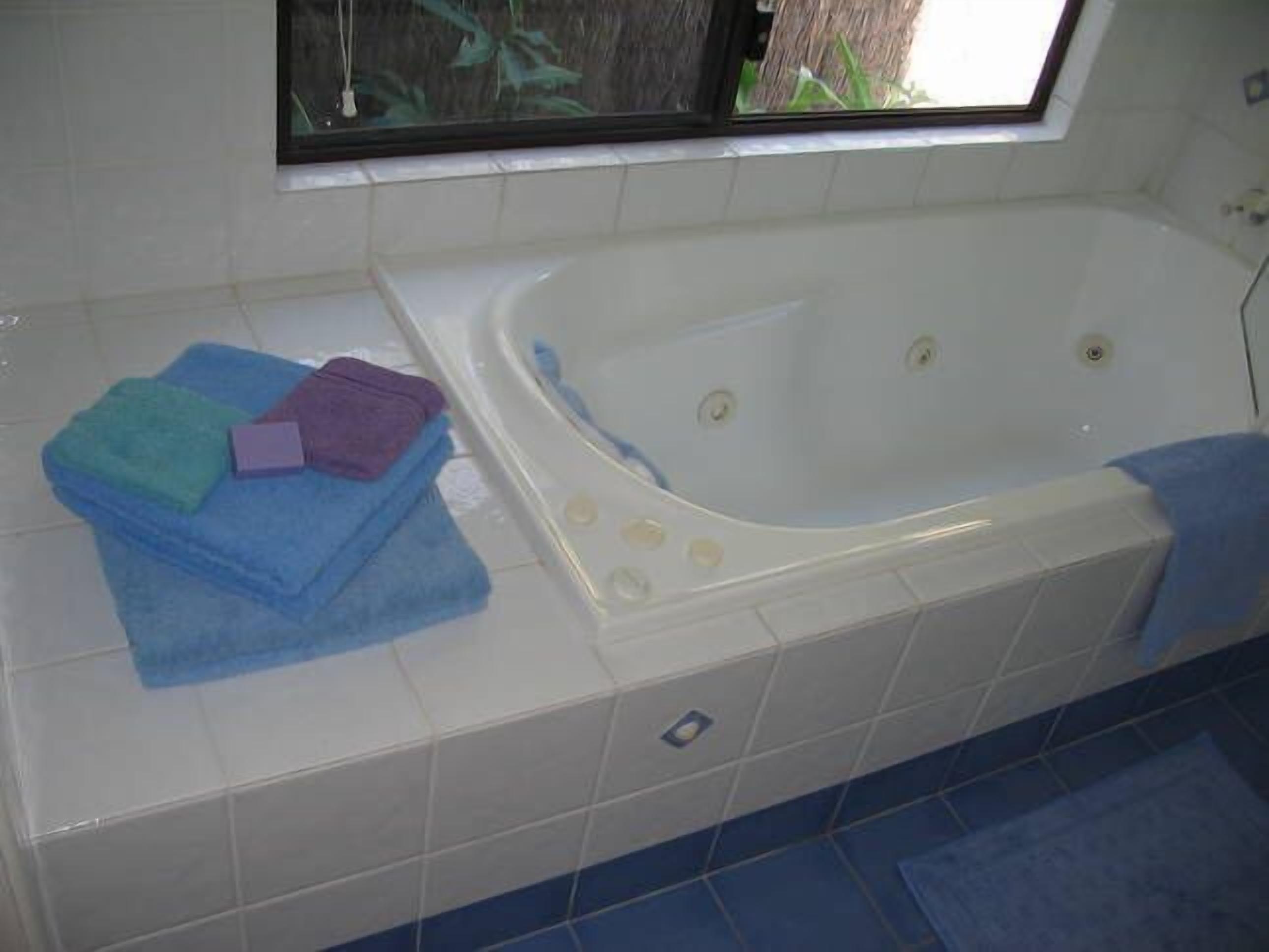 Une salle de bain avec une baignoire blanche, des serviettes bleues et une fenêtre donnant sur un paysage verdoyant.