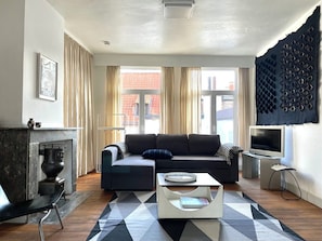 Televisión, reproductor de DVD, libros