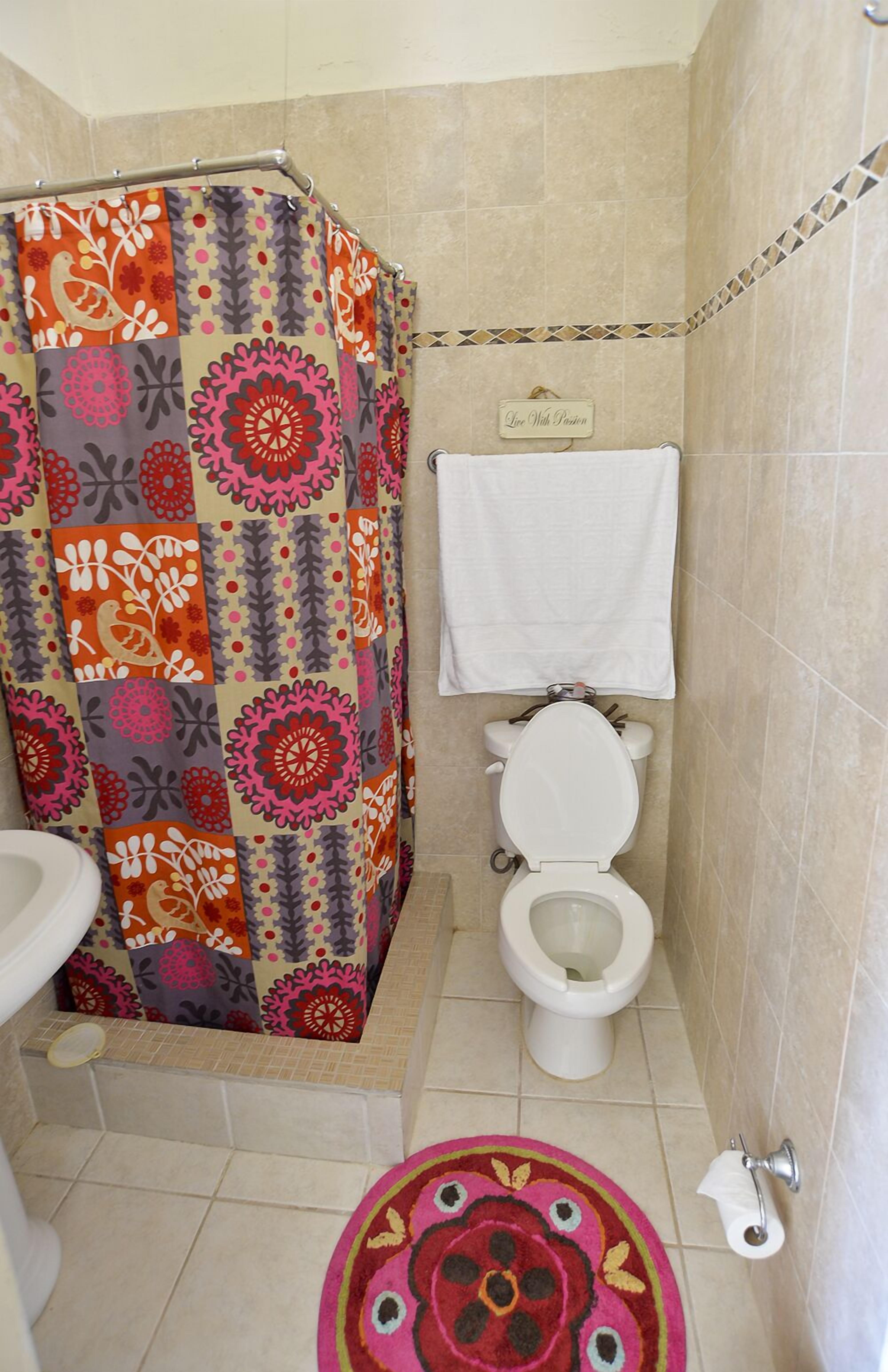 Un baño con cortina de ducha, inodoro y alfombra.