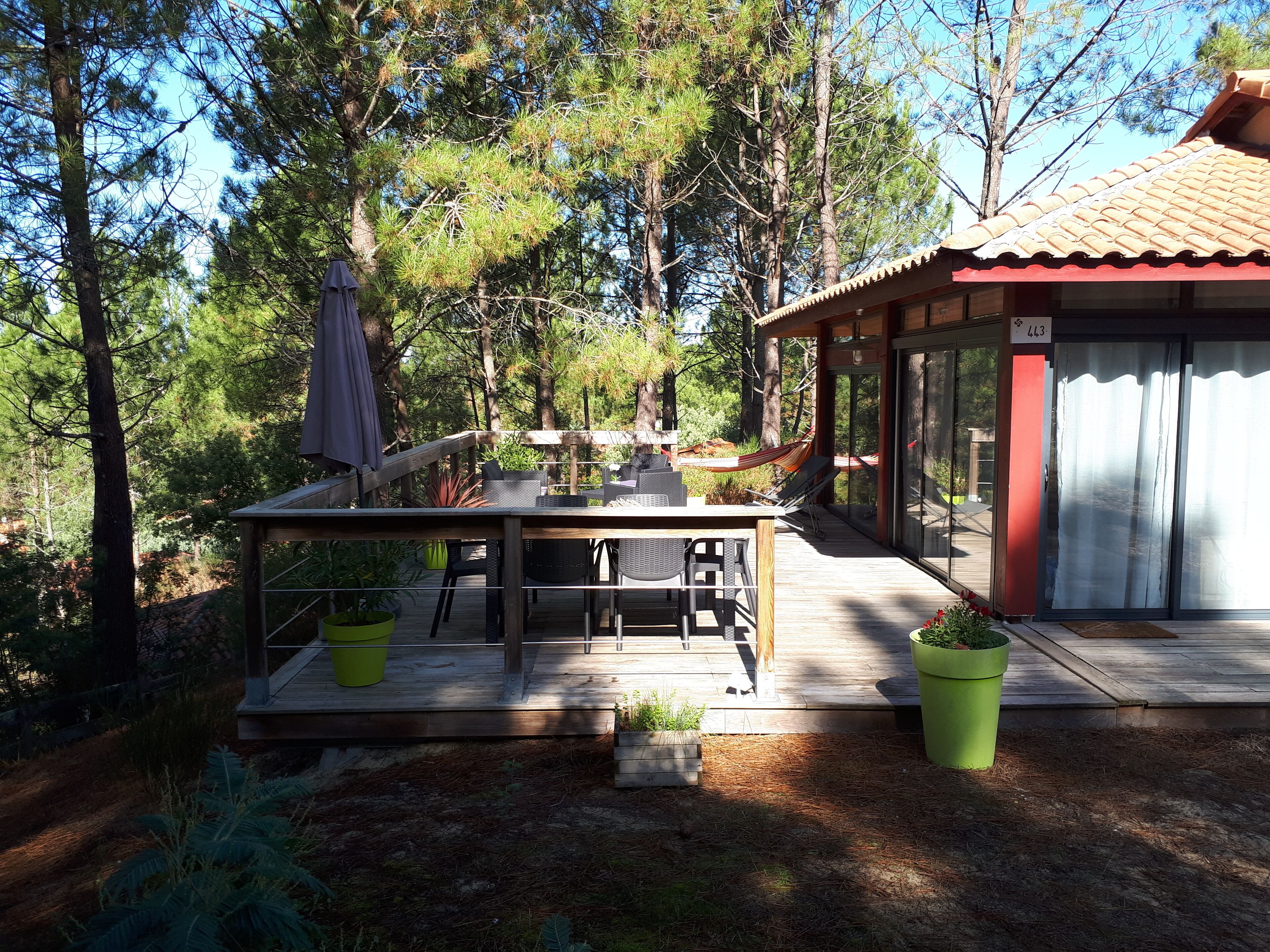 Eine Holzterrasse mit Gartenmöbeln, einer Hängematte und Pflanzkübeln.