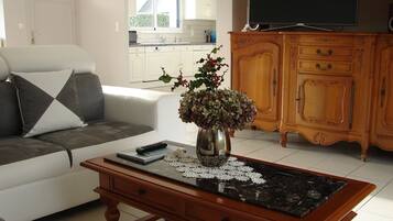 Televisie, een dvd-speler, boeken en een stereo