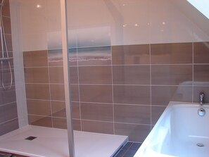 Shower, hair dryer, towels, toilet paper