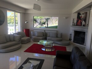 TV a schermo piatto, caminetto, libri