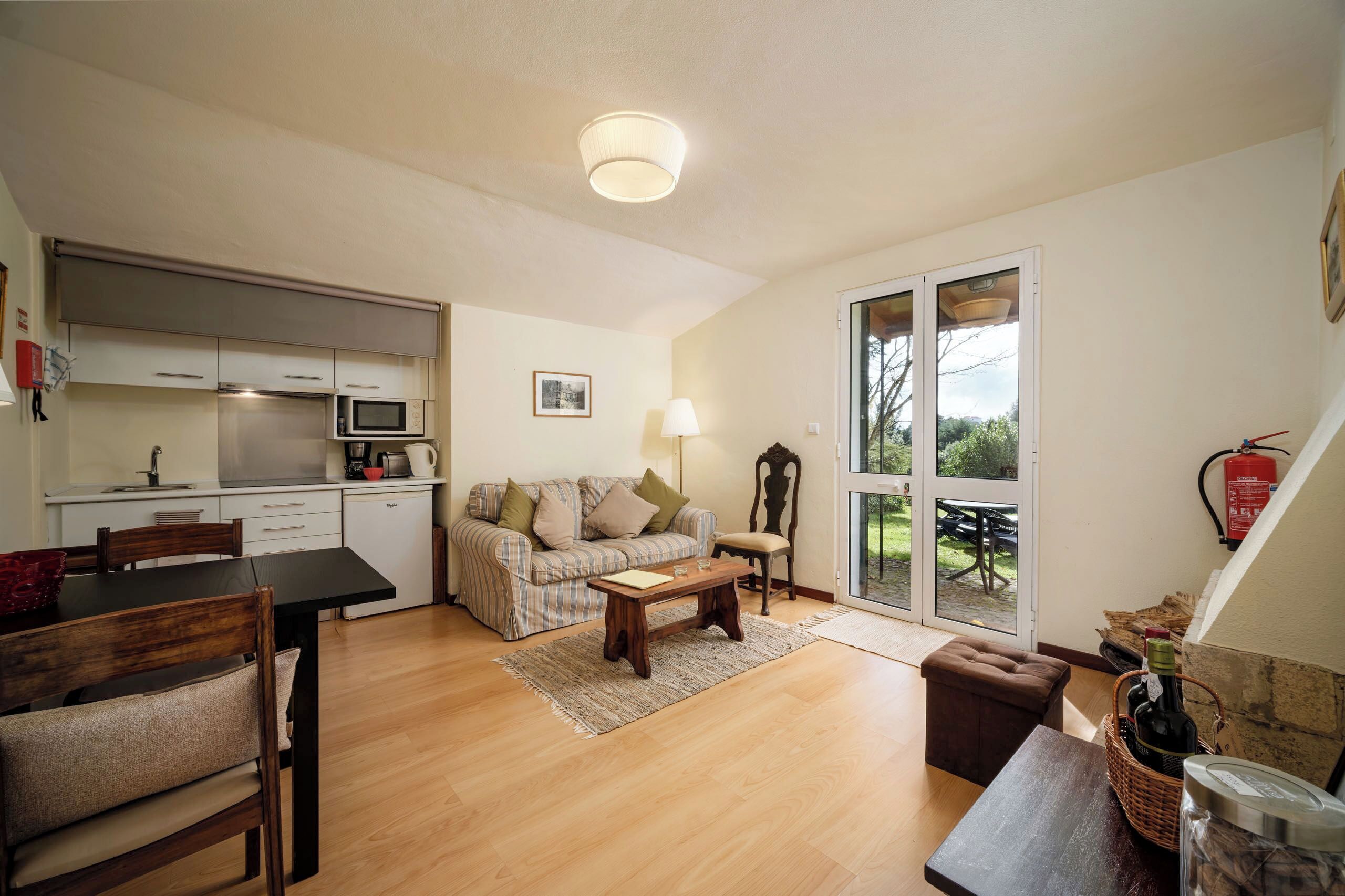 Fireplace, DVD player, books, stereo