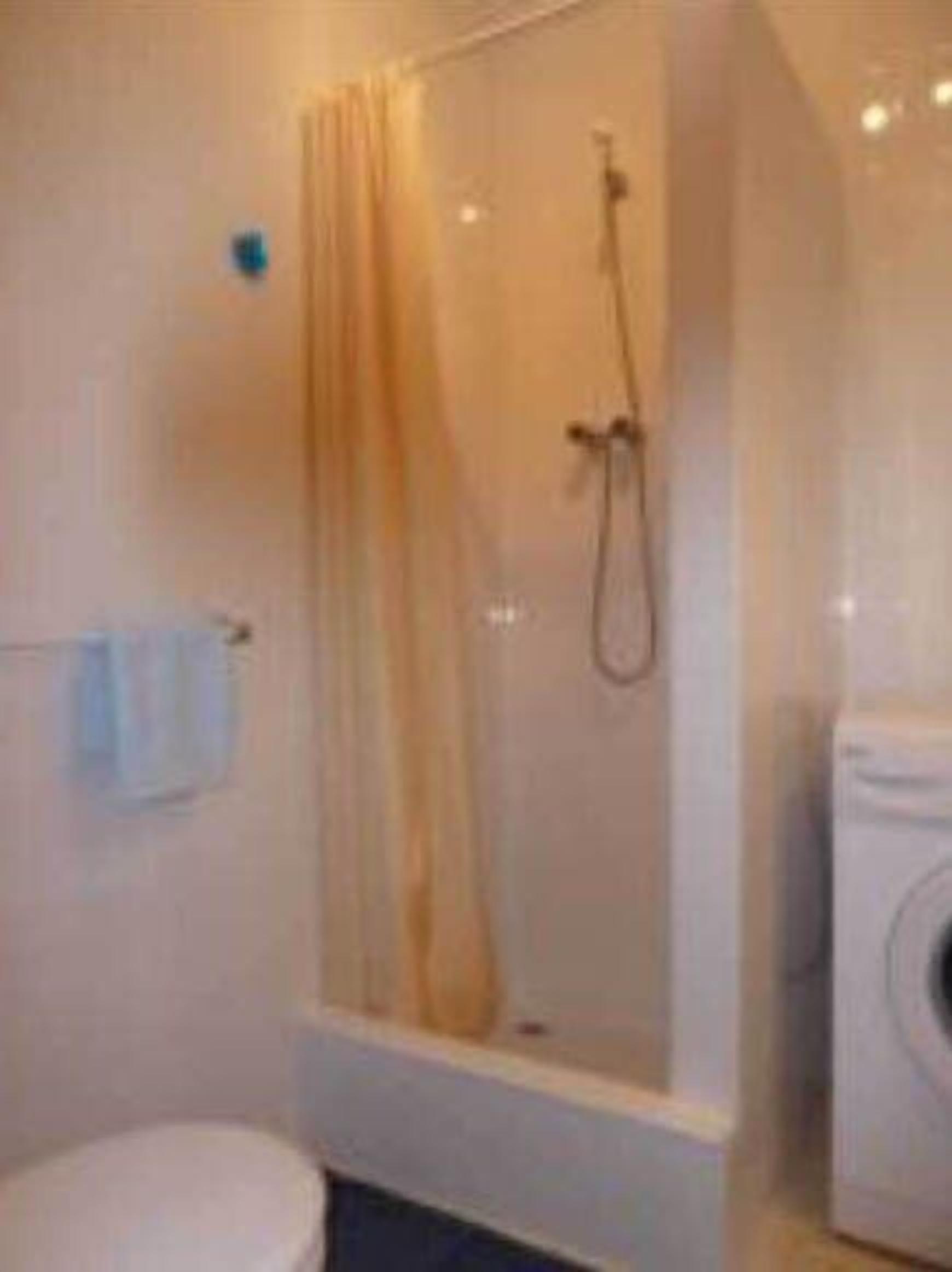 A bathroom with a shower, toilet, and washing machine.