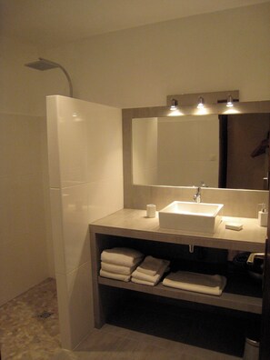 Sèche-cheveux, serviettes fournies, savon, papier toilette