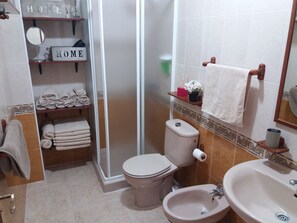 Shower, hair dryer, bidet, towels