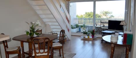 Comedor con mesa y sillas de madera, televisor y balcón con plantas en macetas.