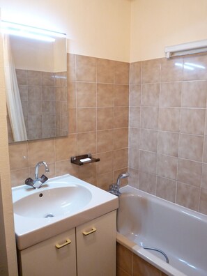 Tina, secadora de cabello, jabón, papel de baño