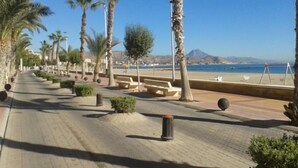 A paved walkway lined with palm trees and benches, leading to a beach with a clear view of the sea and distant mountains. - Beautiful sea view from all rooms, communal swimming pool / tennis (El Campello)