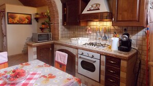 Cuina compacta amb fogó de gas, forn, microones i un petitet rentaplat.