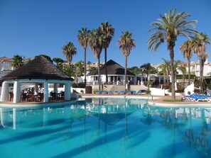 Un espace piscine aménagé dans un complexe hôtelier, avec des chaises longues, un kiosque et des palmiers.
