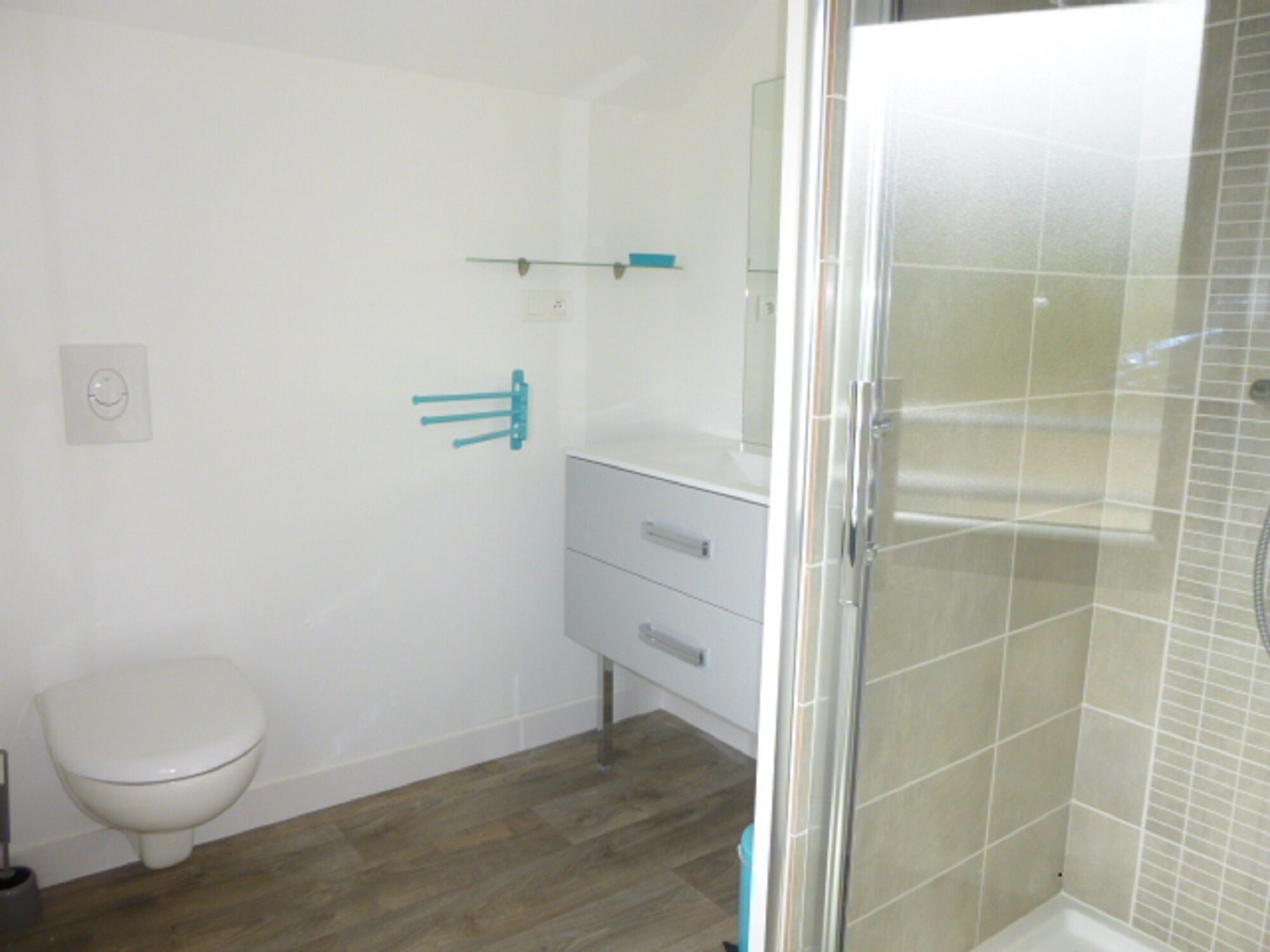 A bathroom with a toilet, a vanity with drawers, a glass shower enclosure, and a wall-mounted towel rack.
