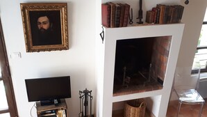 Una sala de estar con chimenea, televisor y estantería.