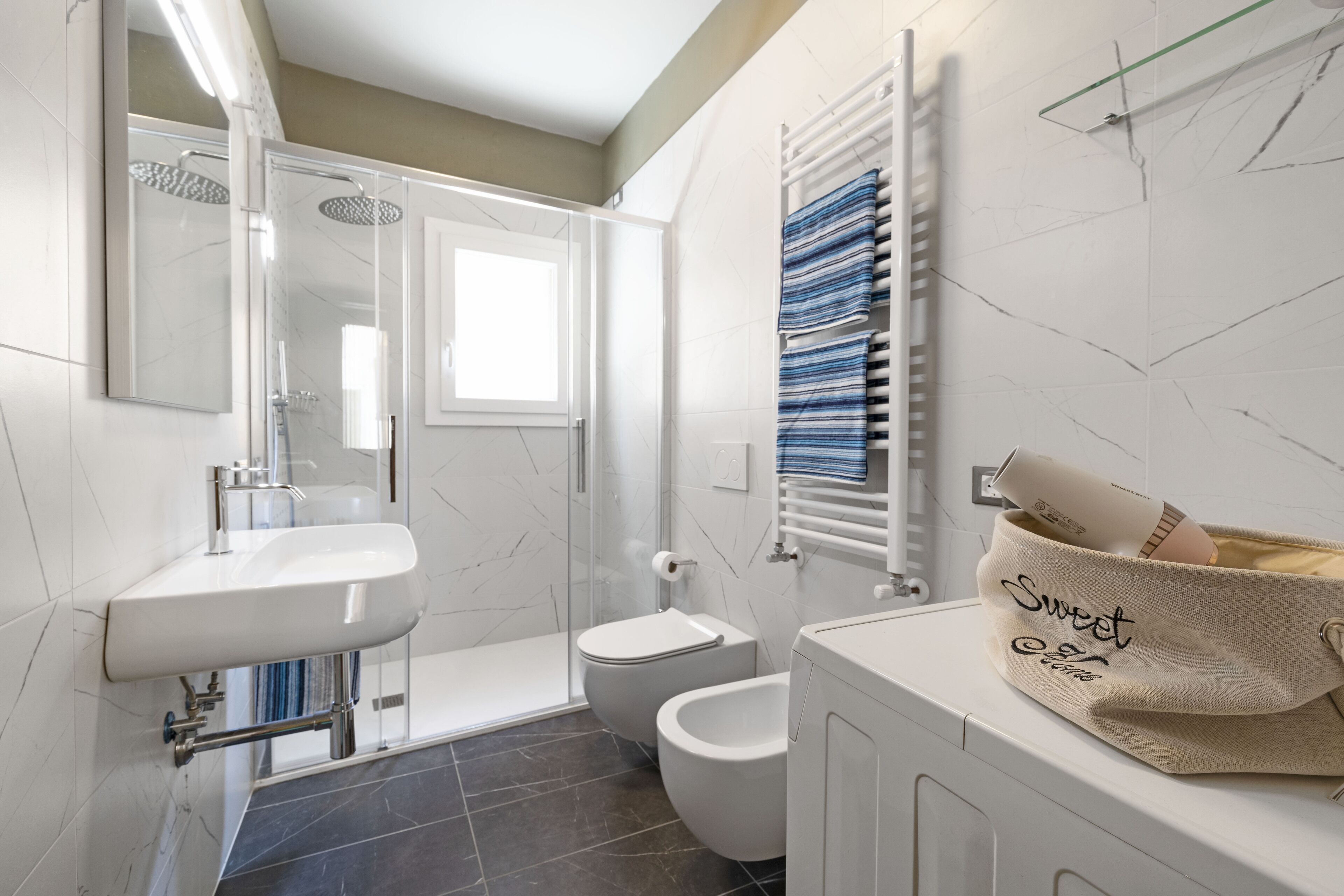 Shower, hair dryer, bidet, towels
