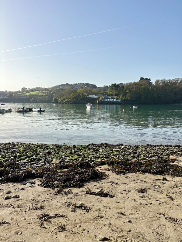 A beach with boats, a sandy shore, and a hill with houses in the background.