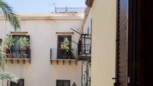 Un balcon étroit avec une rambarde en métal, des plantes en pot et des fleurs.