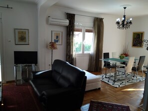 Télévision, cheminée, lecteur de DVD, livres