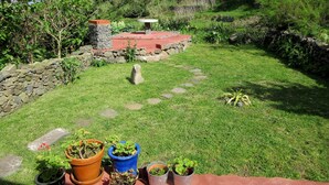 Ein Garten mit Steinmauer, einem rotbackstein-Gebäude und verschiedenen Topfpflanzen.